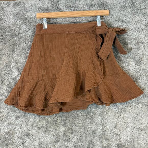 Anthropologie Dresses & Skirts - By Anthropologie XS Wrap Mini Skirt Brown Muslin Cotton Tiered Ruffle